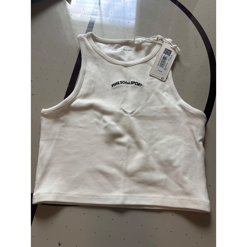 Pink Soda Sport Hanley Rib Tank Cream Crop Top Embroidered Logo Small PSW11832